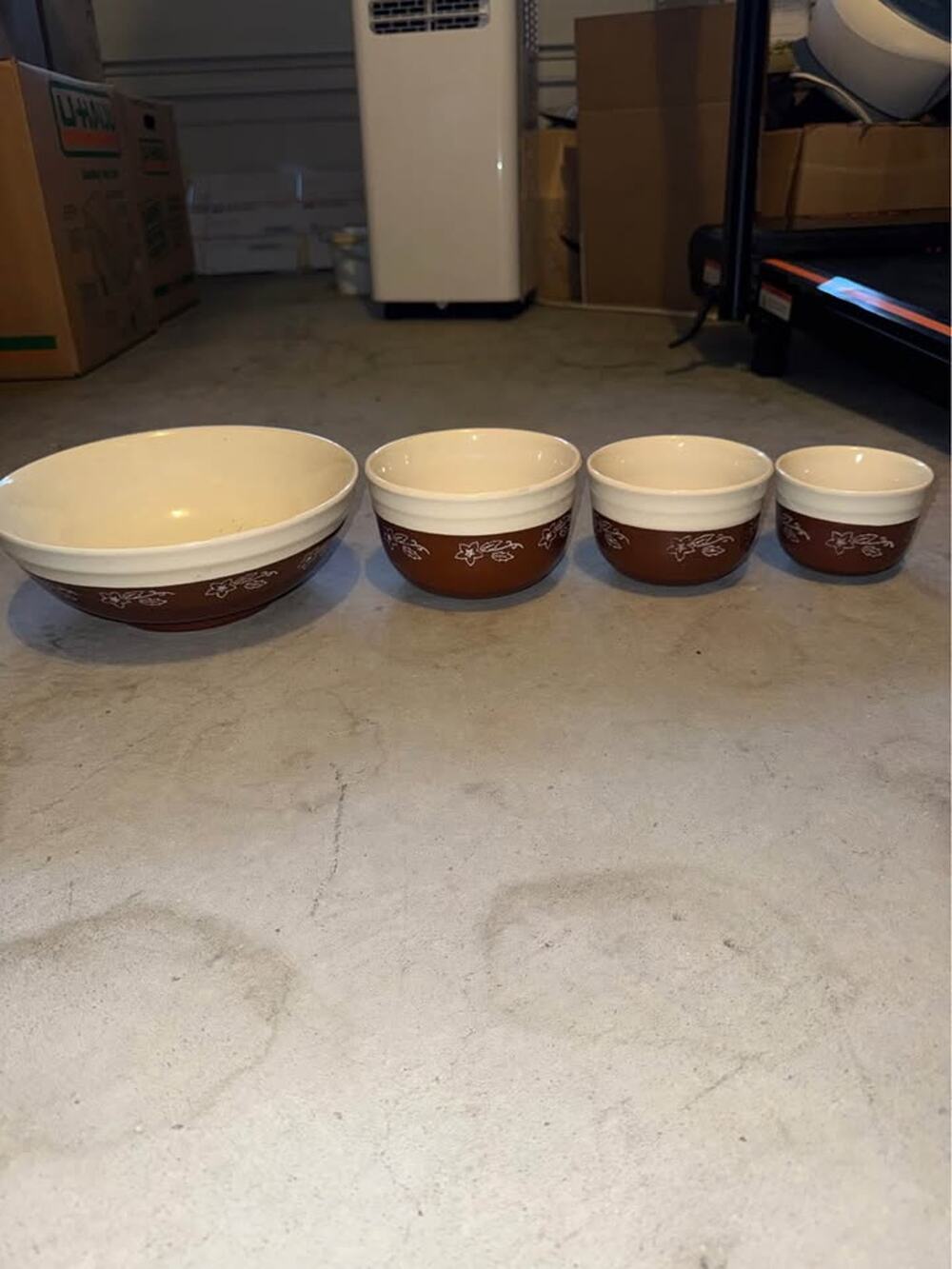 1940s VTG Nesting-Mixing-Dough BOWLS Off-WHITE & BROWN Flowers OXFORD STONEWARE